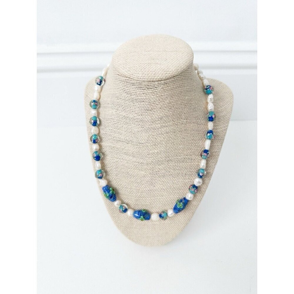 NWT Genuine Lampwork Glass & Pearls Necklace Flowers Blue Beaded Floral